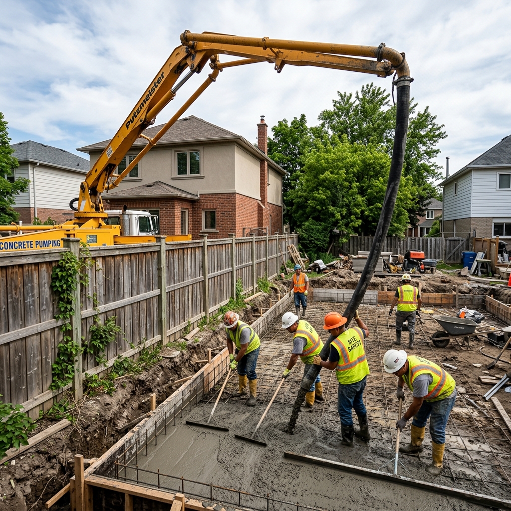 Concrete pump pipe pouring concrete over a fence into a residential backyard