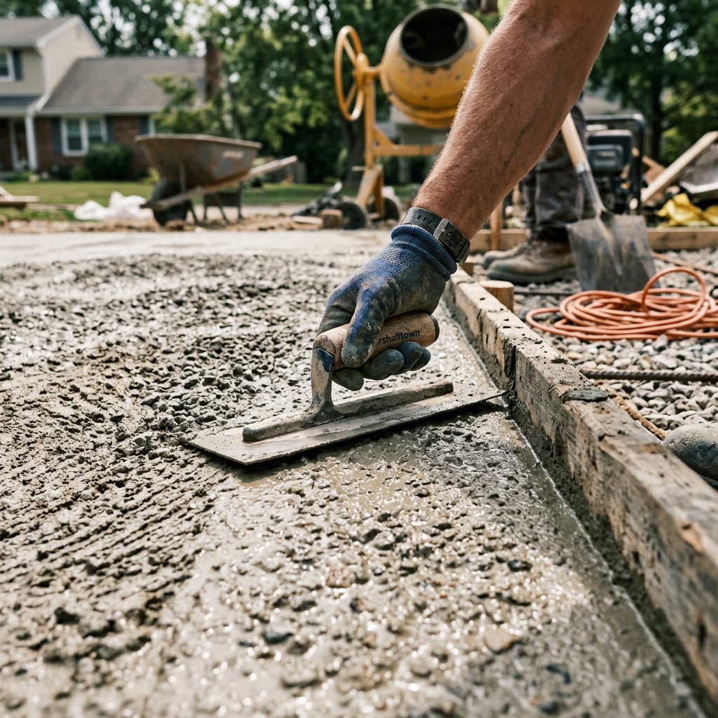 Freshly Poured Concrete Being Finished with a Steel Trowel