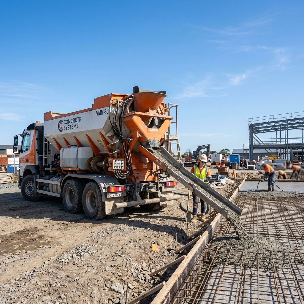 Volumetric Concrete Mixing Truck Pouring Fresh Concrete on Site